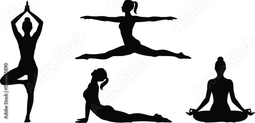 Yoga vector silhouettes of women performing balance and seated meditation yoga poses