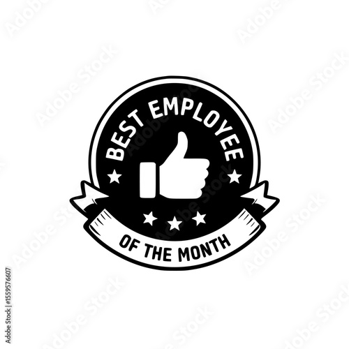 Best employee of the month award emblem with thumbs up in black and white style transparent background , no background