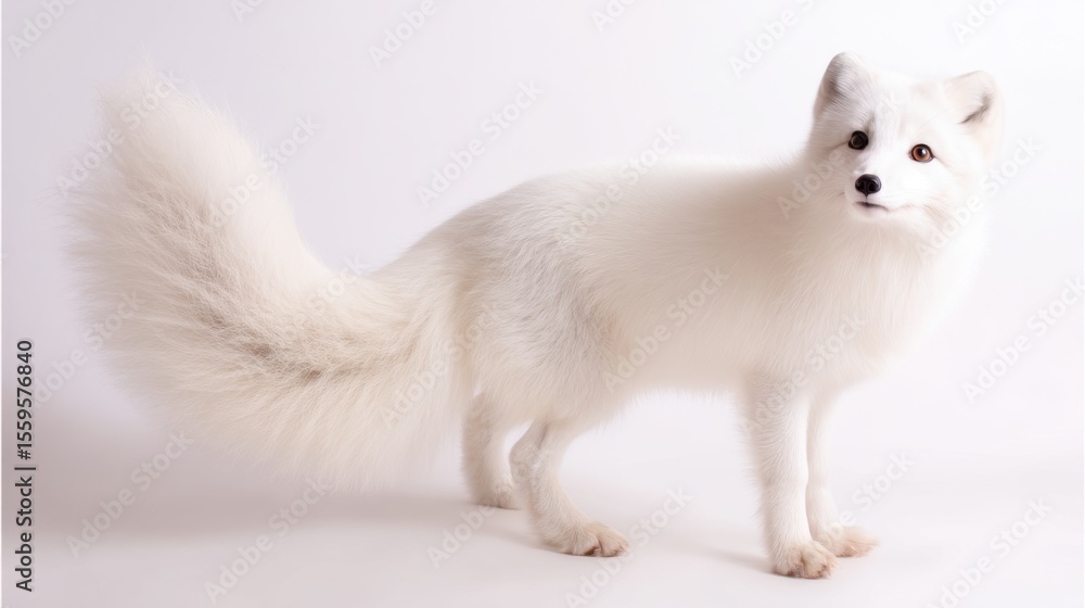 Fototapeta premium Alert and curious white fox with fluffy fur, bushy tail, dark expressive eyes, and dainty paws standing poised on a plain light-colored background.
