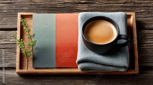 Coffee cup on wooden tray with muted colors