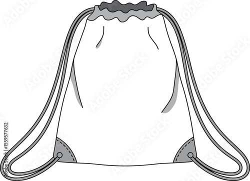 Fashionable vector technical sketch of drawstring backpack, bag, sack, apparel template for sports, gym, and travel