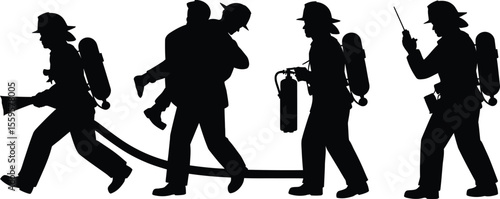 Firefighter rescue silhouette vector set showing team with hose, ladder and emergency gear