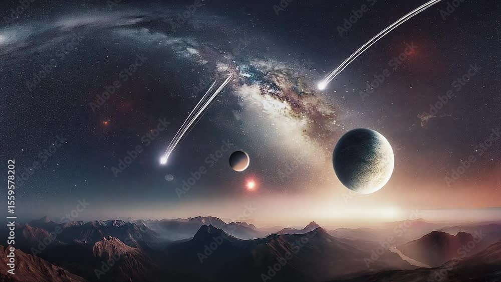 Un paysage spatial, ou défilent étoile filante, supernova, et planète .
