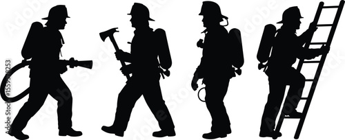 Fireman vector set with silhouette of firefighting team holding hose, axe, ladder and extinguisher