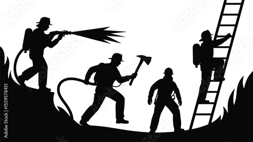 Fire rescue team silhouette vector set with hose, gear and climbing scene on ladder