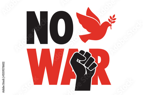 No war vector illustration with peace dove and raised fist symbolizing anti-war protest, activism, and call for global peace