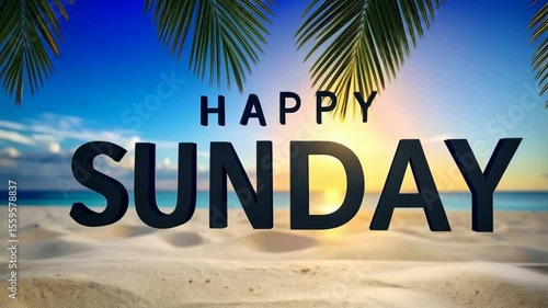 Tropical beach background with palm trees, white sand, and ocean, featuring the text 'Happy Sunday' for a relaxing vacation theme.