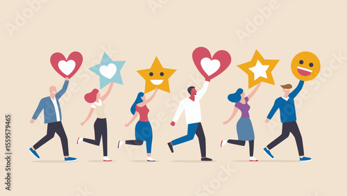 Diverse People Running with Hearts Stars and Smiley Faces for Feedback