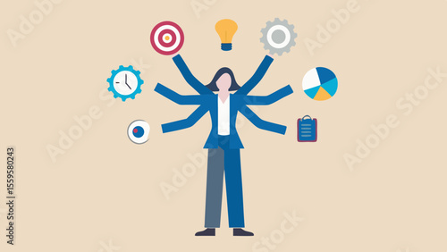 Businesswoman with multiple arms managing different business tasks efficiently