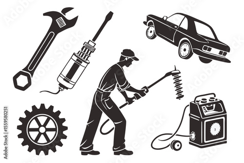 Mechanic with tools and car wrench screwdriver