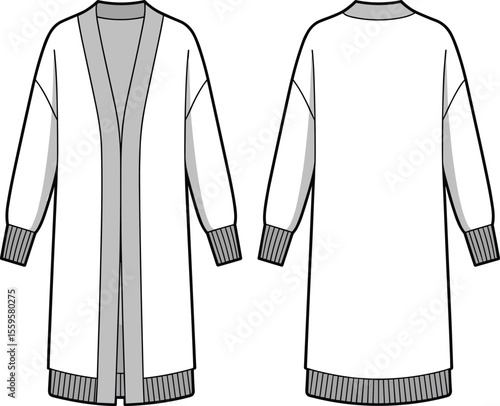 Flat vector technical sketch of a longline cardigan for women with raglan sleeves and rib-knit cuffs and hem, front and back view.