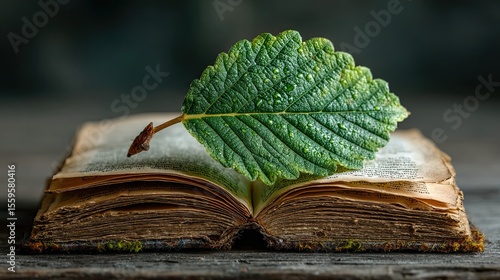 ESR green leaf on book, eco-friendly reading, environmental theme, sustainable knowledge, nature education art