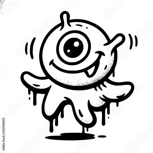 Graffiti Smiling one-eyed monster with grunge texture and dripping details