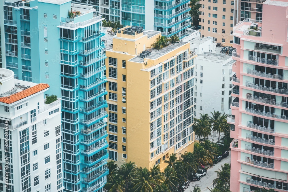 Obraz premium Vibrant skyline of Miami Beach with colorful skyscrapers and palm trees in view, Aerial view of skyscrapers in Miami Beach