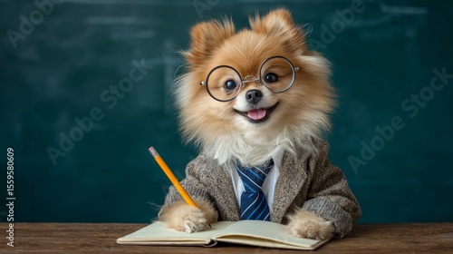 Pomeranian in glasses and suit writing notes in classroom