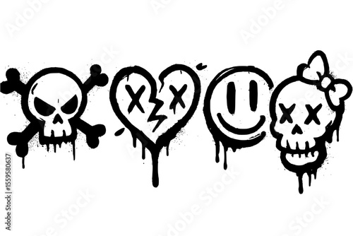 Urban Graffiti Characters: Skull, Broken Heart, Smiley Face, and Female Skull