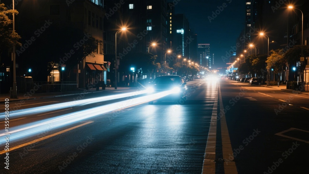 Fototapeta premium Nighttime City Street with Light Trails from Moving Vehicles