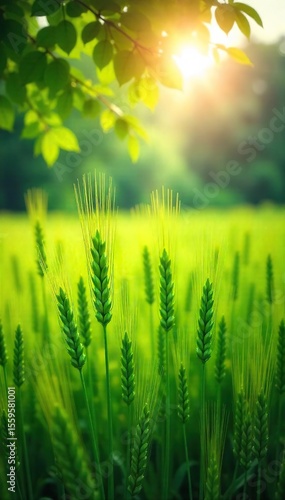 Serene Summer Barley Field Sunlight Dapples Through Leaves, Gentle Breeze, Lush Green Landscape, Peaceful Harvest Scene