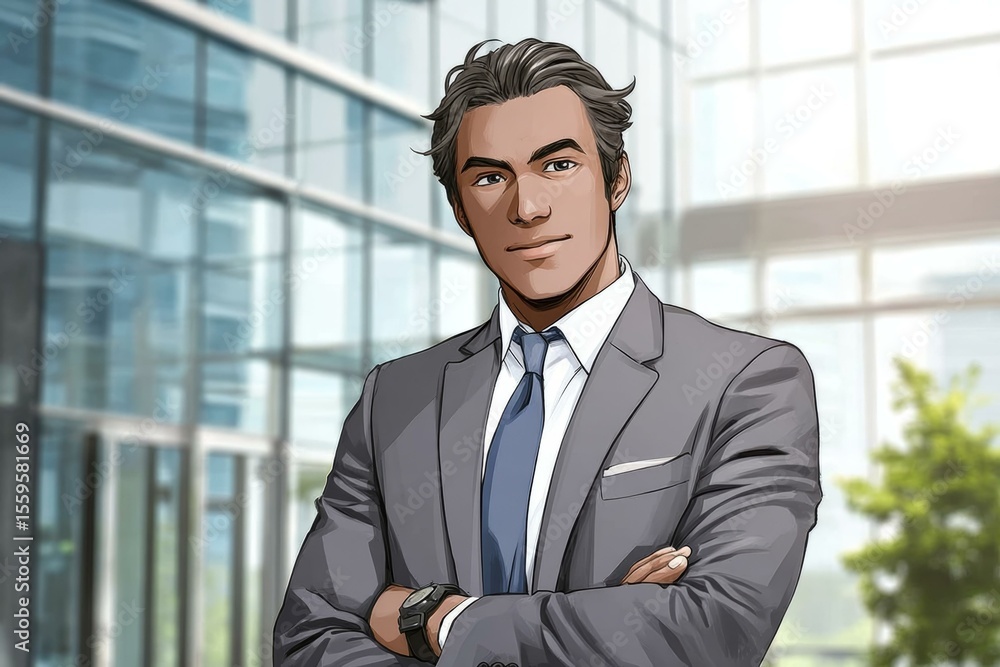 Businessman in Modern Office Setting Illustration Businessman in Modern Office Setting Illustration