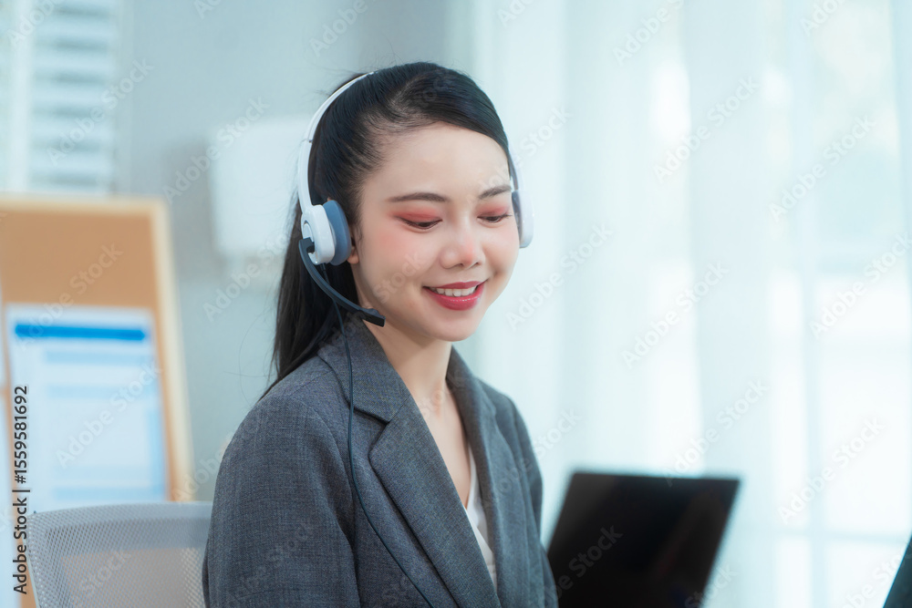 Asian woman wearing headset works at her desk in home office, engaging in online customer service and technical support, professional communication and leadership during virtual meetings and webinars Asian woman wearing headset works at her desk in home office, engaging in online customer service and technical support, professional communication and leadership during virtual meetings and webinars