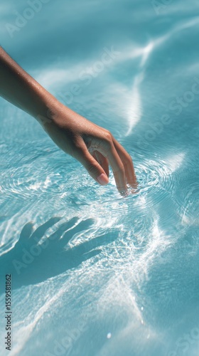 Female hand touching clear water surface with sunlight reflection