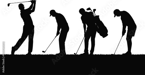 Silhouette Vector Of Golf Players In Action Scenes, Swinging And Reading Ball Line