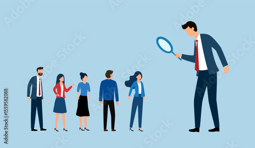 Recruitment searching the best candidate or job, Human resources, head hunt, choosing talent for job vacancy concept, employer boss or HR use magnifying glass to choose job interview people