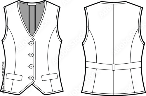 Classic Women's Formal Vest with V-Neck and Button Closure, a Professional Business Apparel Technical Flat Drawing Vector