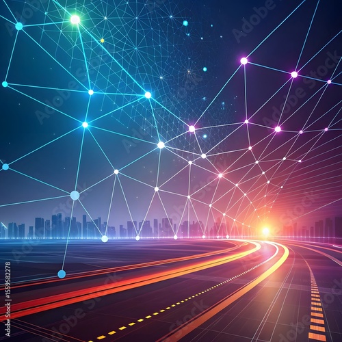 “Colorful abstract network of glowing geometric shapes and connected nodes on a dark digital background.”

