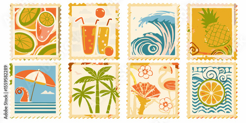 Summer Vacation Themed Postage Stamps with Tropical Beach Elements