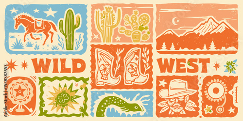 Colorful Wild West Illustration with Horse Cactus Boots and Mountains