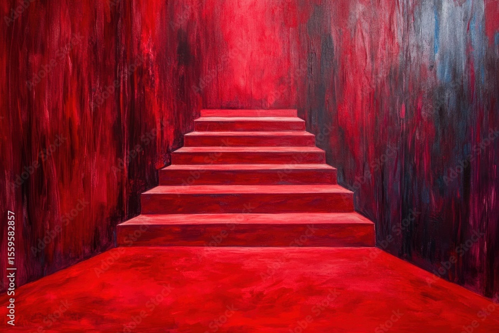 Fototapeta premium Red carpet steps leading up in a vibrant and artistic setting with bold red tones, red carpet on award