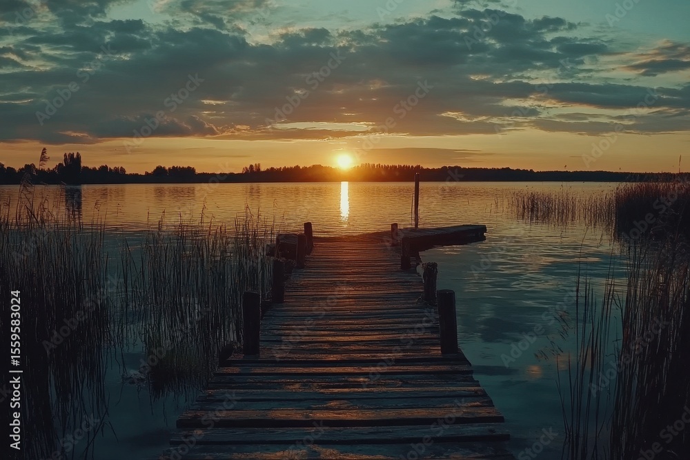 Obraz premium Sunset over a tranquil lake with an old wooden pier extending into calm waters, Sunset Over the lake and wooden old pier, Photo