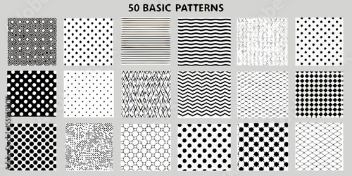 Collection of fifty basic black and white seamless patterns for backgrounds