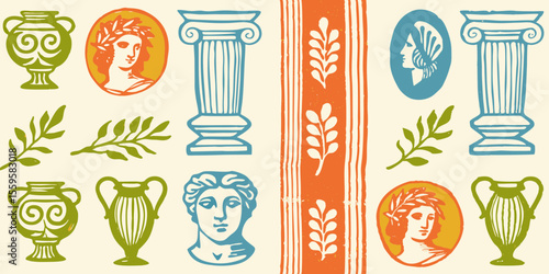 Ancient Greece Inspired Pattern with Columns Vases and Laurel Wreaths