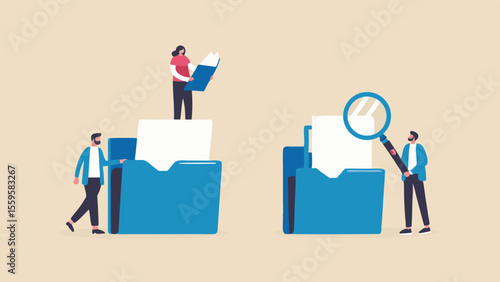 Data analysis and document research people searching for information in folders