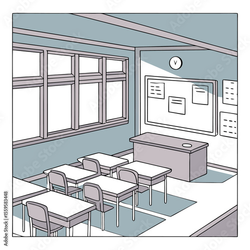 A clean empty and bright classroom interior with rows of desks and chairs a teacher s desk and a bulletin board with papers on the wall