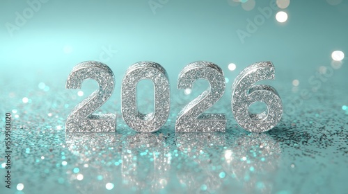 Glittering 2026 new year celebration in silver and teal sparkles