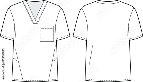 Classic Medical Scrubs Uniform with a V-Neck Top and Patch Pockets, a Healthcare Apparel Technical Flat Drawing Vector