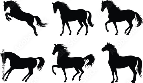 Horse silhouette vector set with rearing, walking, running, and grazing poses for animal, equestrian, and farm design