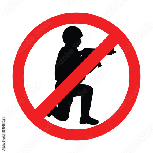 Anti war vector illustration showing soldier aiming gun with red prohibition sign symbolizing peace and protection