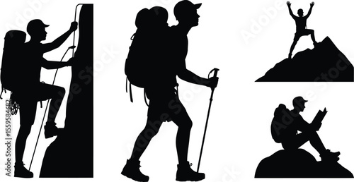 Hiker silhouette vector set with climbing, trekking, summit, and resting poses for adventure, outdoor, and travel design
