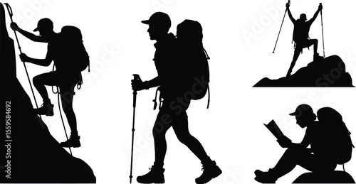 Hiker silhouette vector set with climbing, trekking, summit, and resting poses for adventure, outdoor, and travel design