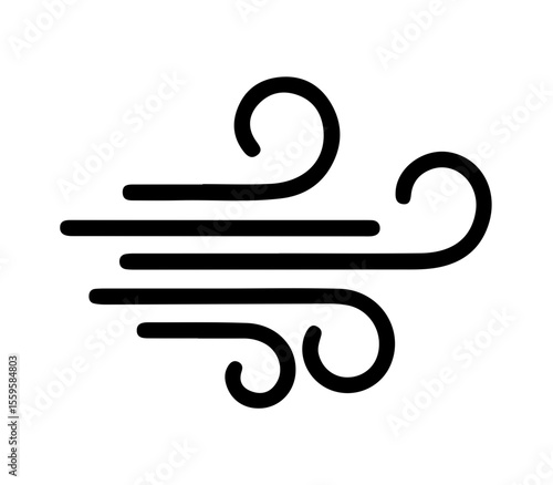 Black Windy / Air Blowing Icon. Black line icon of swirling horizontal lines, symbolizing wind, air blowing, or windy weather. It's ideal for weather forecasts, environmental concepts, and ventilation