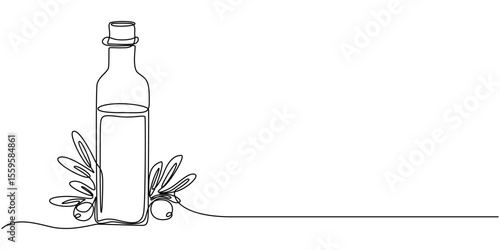 Linear vector icon of the bottle with olive oil-Continuous one line drawing, bottle with olive continuous single one line minimalist abstract illustration of a bottle accompanied by an olive