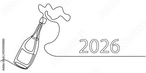 Happy New Year 2026 with a champagne bottle . One line drawing. Vector illustration continuous line drawing. Editable stroke, Happy New Year 2026 with a champagne bottle continuous one line drawing