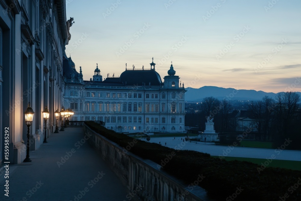 Fototapeta premium Time Lapse captures beautiful evening at Upper Belvedere Palace with soft twilight glow, Timelapse of Upper Belvedere Palace in the evening