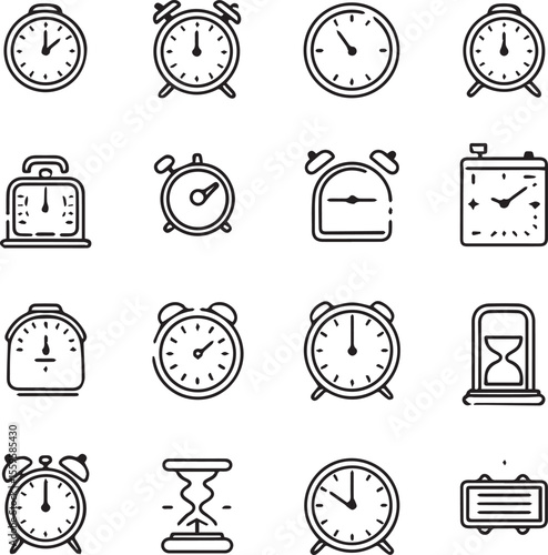  Outline Time, date and location editable stroke set Clock black and white line icons 