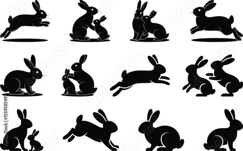 Family rabbit silhouette vector of bunnies playing, sitting, jumping and cuddling together