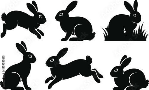 Rabbit pose silhouette vector featuring wild bunny in sitting, jumping and grass resting positions